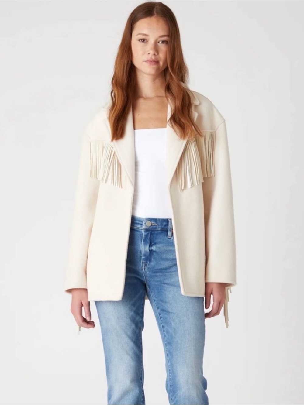 Blank NYC Cream Fringe Open-Front Jacket